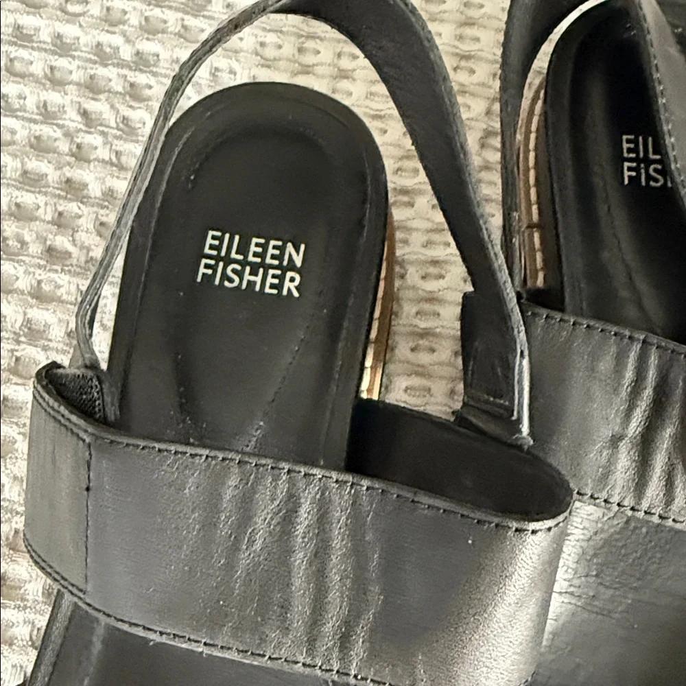 Eileen Fisher Black Leather Double-Strap Sandals